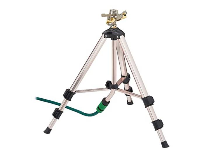 Relaxdays Sprinkler, Stativ, Reichweite max. 9m, Sektorenregner, Sprengwinkel 0-360°, 3/4'' Anschluss, Silber/schwarz, 90 x 94 x 82 cm