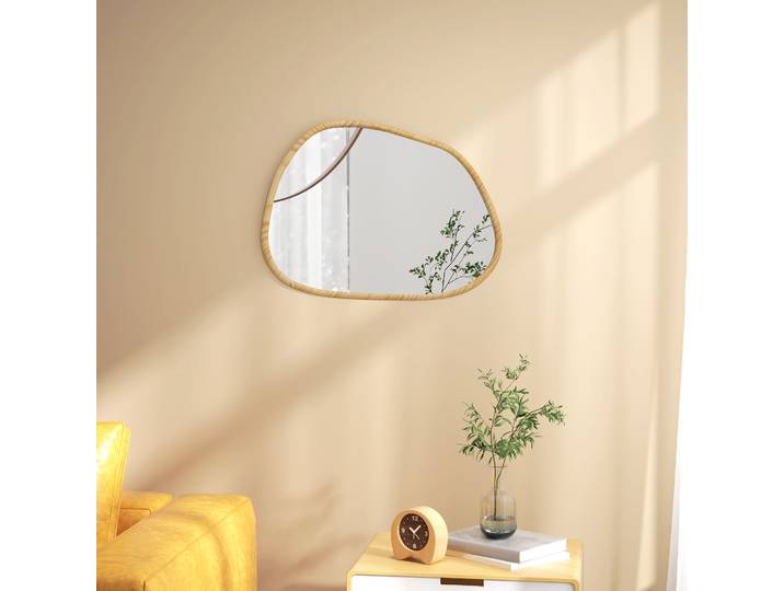 HOMCOM Miroir mural miroir décoratif forme organique avec cadre en bois horizontal ou vertical 80 x 60 cm naturel