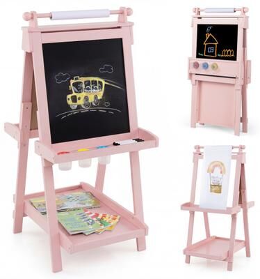 Costway 3-in-1 Double-sided Art Easel with Chalkboard and Magnetic Whiteboard-Pink