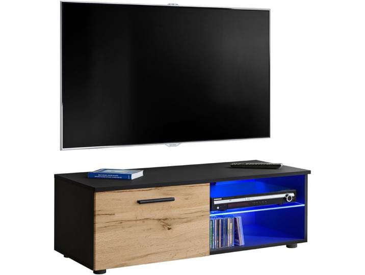 Meuble TV T32-100 Extreme Furniture - LED bleues - Bois naturel & Noir - Façades en Brillant - L100cmxH34cmxP45cm