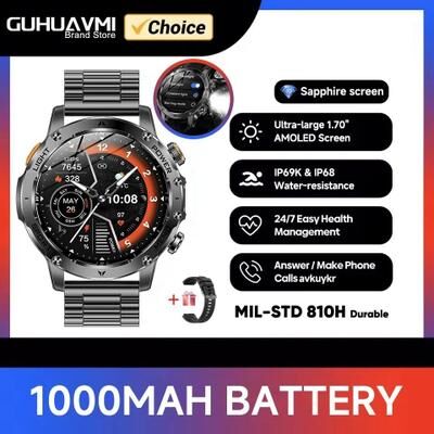 Uplift Essentials Tactical Endurance Military Smart Watch 1000mAh Battery & GPS Pro AMOLED HD IP68 Waterproof Mens Sport Watch black Steel