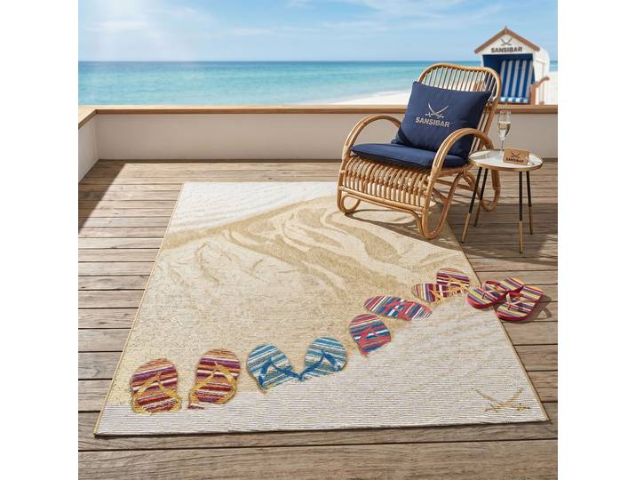Teppich SANSIBAR Rantum Beach SA-017 , beige, B:130cm H:5mm L:190cm, Polypropylen, Teppiche, Teppich, Flachgewebe, modernes Design, Motiv Badelatschen, Outdoor geeignet