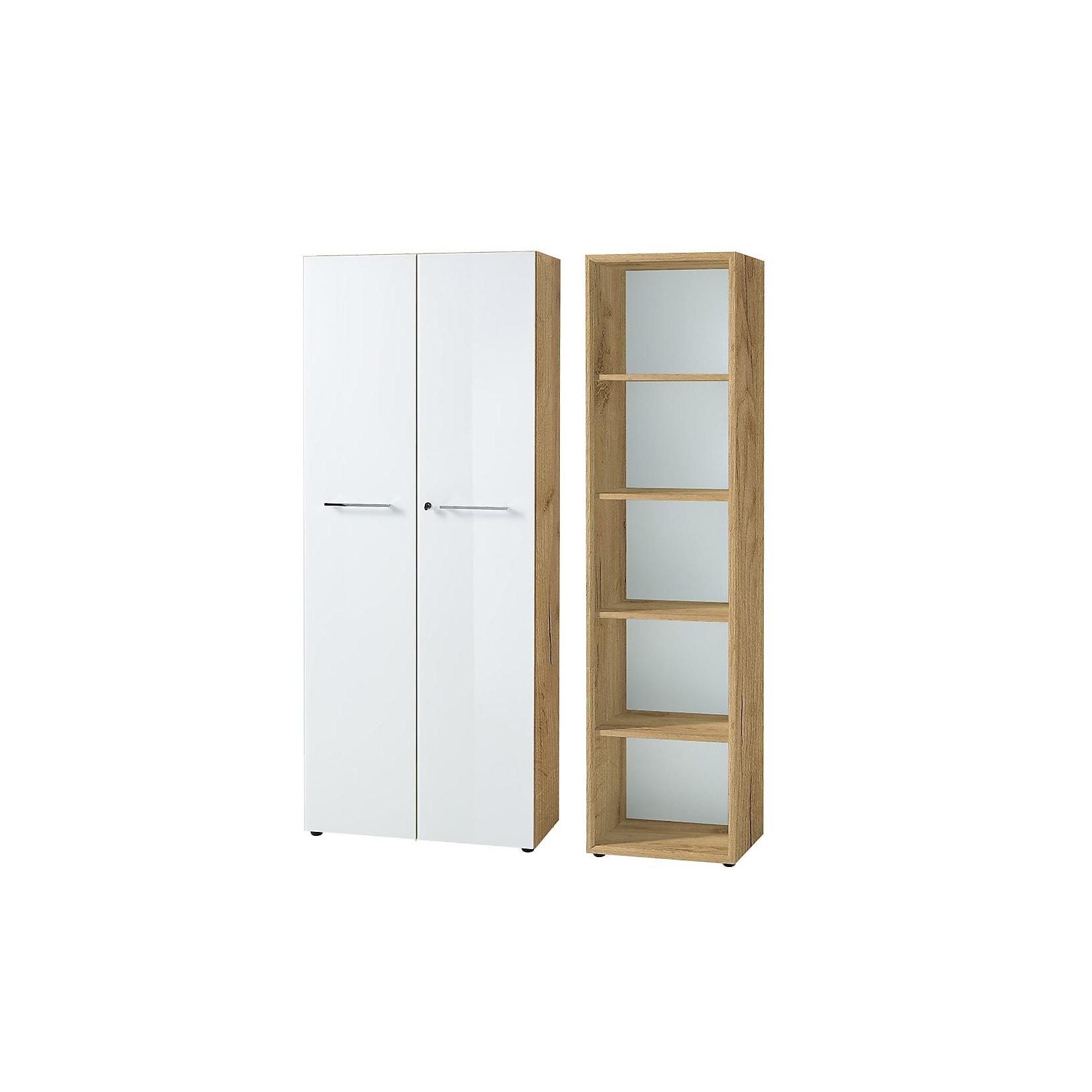 Büro-Set MUENCHEN 2-teilig Schrank & Regal 5 OH Glas Front & Abschließbar Chalet-Eiche-Nb./Weiß