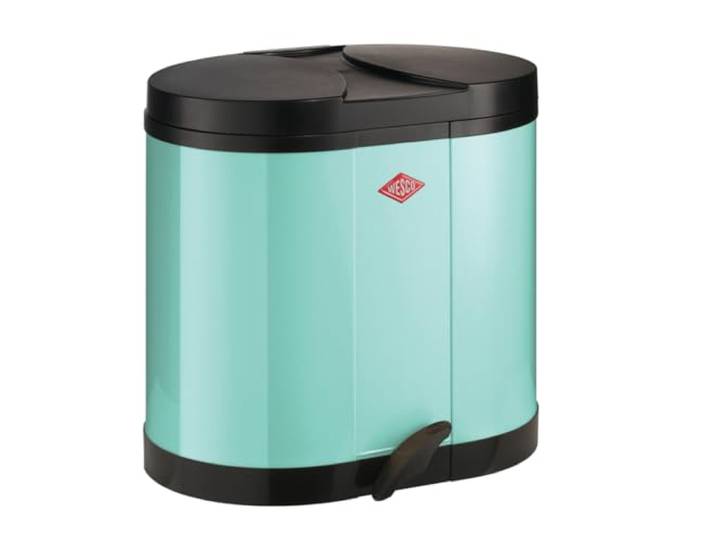 WESCO Ökosammler 170 in der Farbe mint grün, pulverbeschichtetes Stahlblech, zwei Kunststoffeinsätze mit je 15 Liter Volumen, Kunststoff-Fußtritt