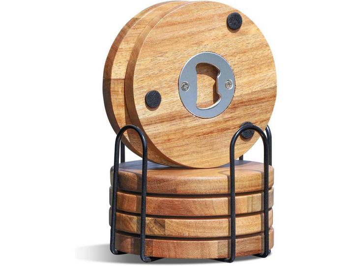 Untersetzer Holz 6er Set mit Flaschenöffner, Braun, 10x10 cm, Gläser, Untersetzer