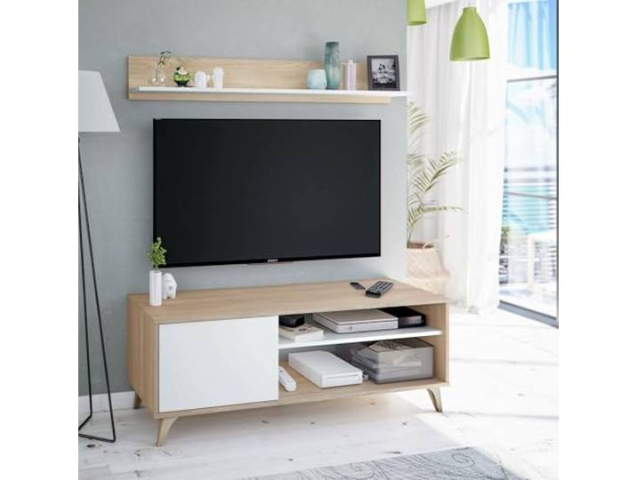 Dmora - TV-Ständer Mesa, Sideboard für Wohnzimmerfernseher mit 1 Tür, TV-Ständer im Wohnzimmer, Design-Sideboard, cm 135x40h50, Eiche