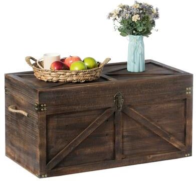 Vintiquewise Brown Large Wooden Lockable Trunk Farmhouse Style Rustic Design Lined Storage Chest with Rope Handles
