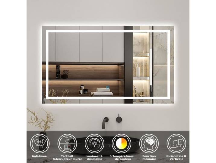 Miroir salle de bain LED - AICA - 100x60cm - Anti-buée Dimmable Mémoire