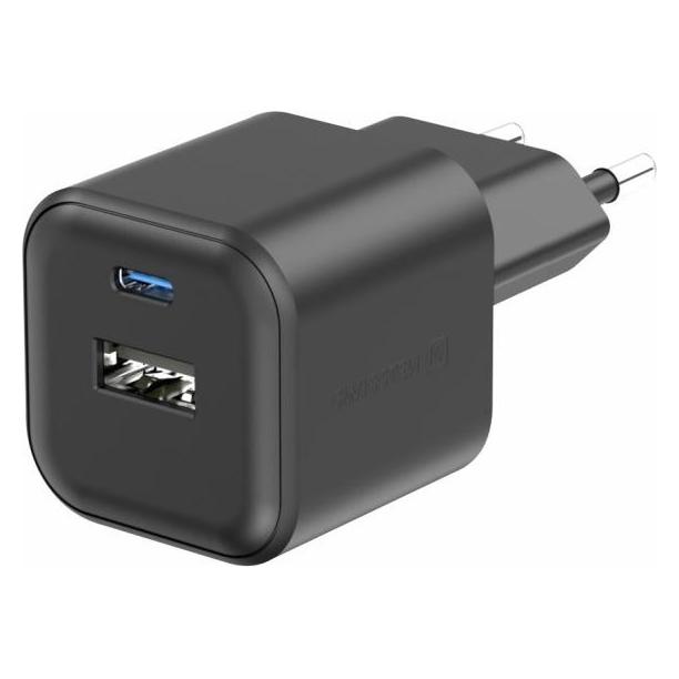 Swissten Travel Charger Gan 1X USB-C 20W PD + 1X USB-A 18W QC Black (20 W, 2 Ports) (22071110)