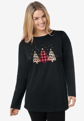 Plus Size Women's Holiday Graphic Tee by Woman Within in Black Holiday Trees (Size M) Shirt