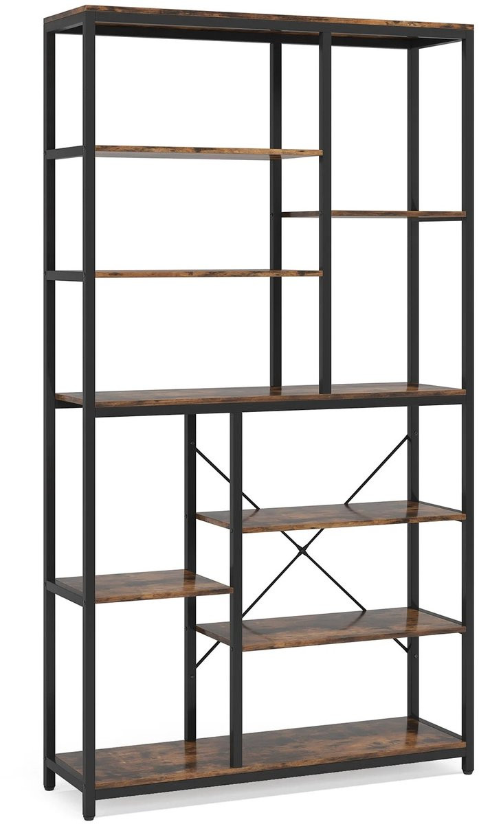 Questyr Boekenkast met 9 niveaus en 10 kubussen - Industriële open stellingkast met 9 planken - Hoogte: 200 cm