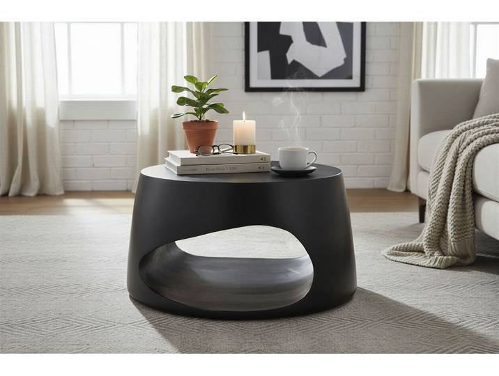 Couchtisch SIT Lahore rund aus Mango massiv mit offenem Ablagefach , schwarz, B:75cm H:38cm T:75cm, Mango massiv, Tische, Couchtisch, Asymmetrisches Ablagefach mit individueller Holzmaserung