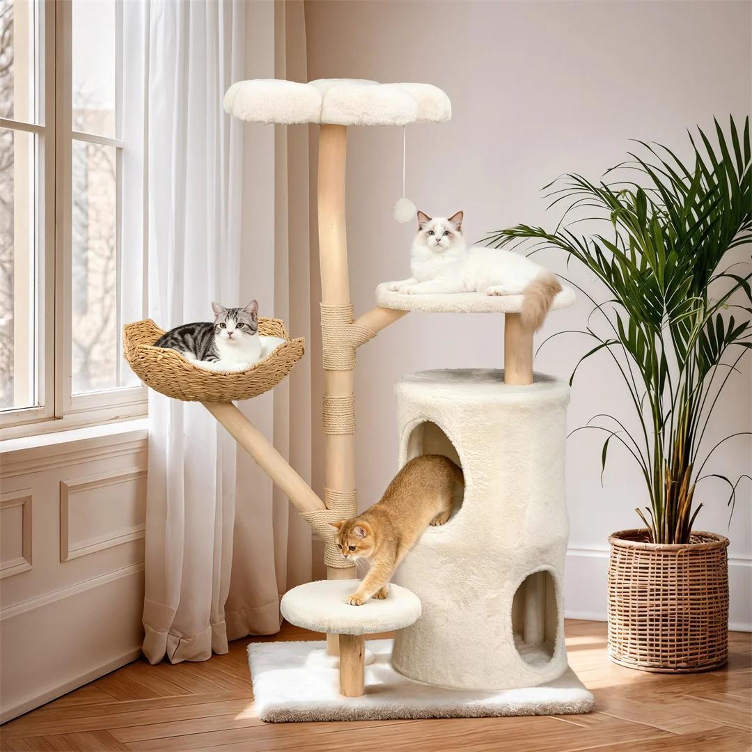 Kletterbaum für Katzen - Indoor Kratzbaum - 142 cm hoch - 4 Ebenen mit Kratzsäulen - Höhle, Liegeflächen, Aussichtsplattform - Naturholz & Weiß