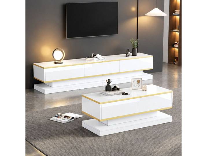 Norevia Ensemble Meuble TV et Table Basse Blanc Brillant avec Détails Dorés Meuble de Salon