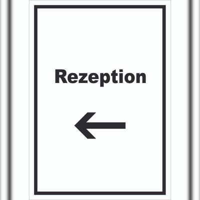 HB-Druck Rezeption Schild mit Text und Richtungspfeil links Anmeldung Eingang hochkant A1 (594x841mm)