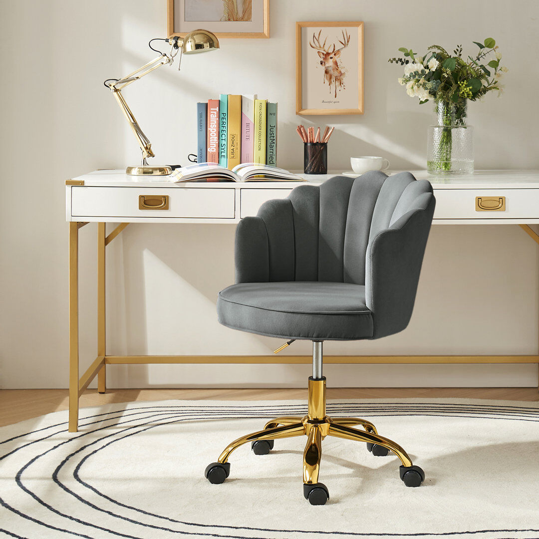 Blue Elephant Rasnick 59cm W Modern Velvet Swivel Tufted Office Chair Grey 73.7cm H X 58.4cm W X 62.2cm D