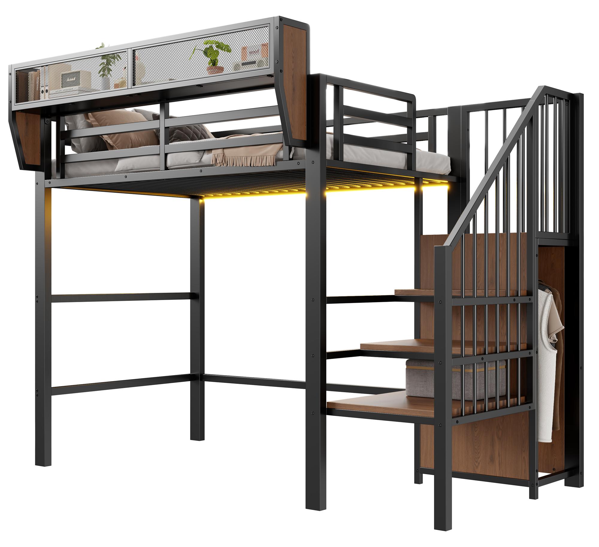 Hochbett 90x200 mit LED-Lichtleiste, Sicherheitsleiter und flexiblem Stauraum Metallbett Erwachsenenbett Kinder-Etagenbett Schwarz