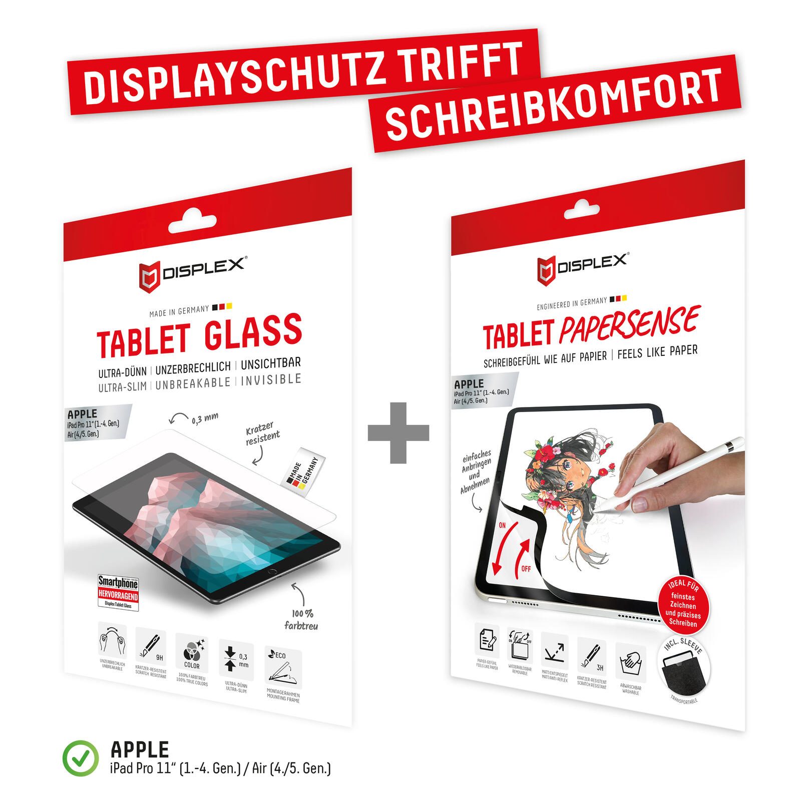 DISPLEX Tablet Panzerglas & Tablet Papersense für Apple iPad Pro 11" (1.–4. Gen.) / iPad Air (4./5. Gen.) 01534 & 01888
