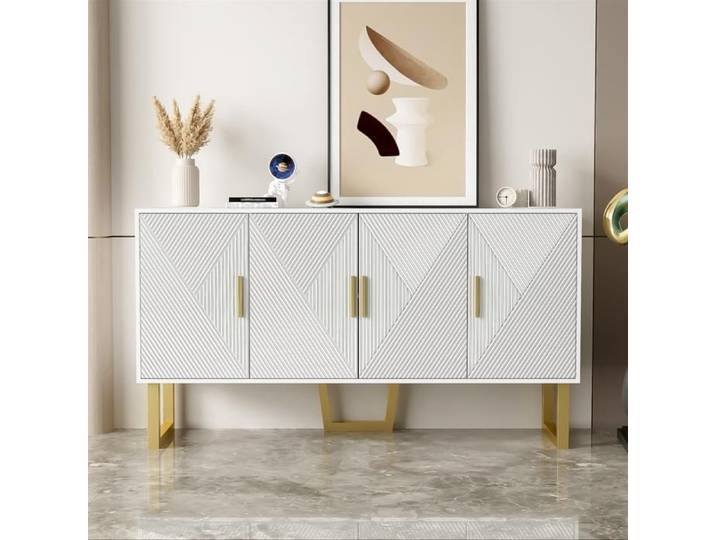 Buffet Salon Blanc Moderne avec 4 Portes Texturées Façade Brillante Poignées Dorées Meuble Elégant 150x40x82cm