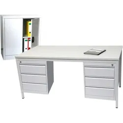 Szagato Schreibtisch Profi Office-Line SET 180x100cm, inkl. 2 x Unterbauschrank Professional 3 Schubladen inkl. Stahlschrank 90x80cm, lichtgrau