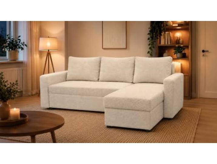 DMSM Teddy Kleines Ecksofa mit Schlaffunktion, Bouclé Sofa, Bettkasten, Bonellfederung, DL-Auszug, 220 cm, Universal Links/Rechts (Cremeweiß)