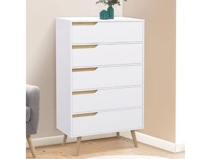 IDMARKET Chiffonnier 5 tiroirs HELSINKI 60x36x110 cm commode semainier blanc design scandinave