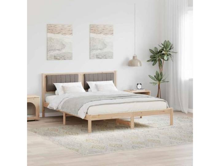 RJPLMFV Bettgestell mit gepolstertem Kopfteil, Taupe, 160 x 200 cm Massives Kiefernholz, Polyestergewebe, bequemer Schaumstoff, quadratische Füße, Latten