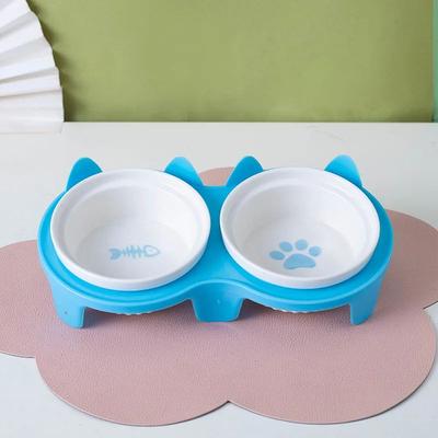 Inspired Living Elevated Ceramic Double Cat Bowl For Food And Water blue