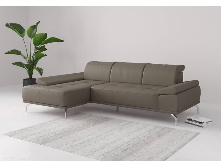 Ecksofa, Naturleder, Grau (Delphine) 280×174 cm, Sitztiefen- & Kopfteilverstellung, Modern