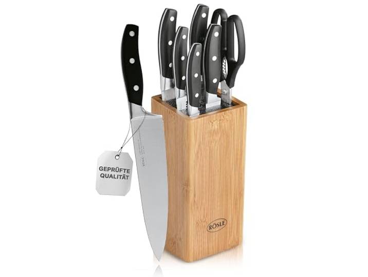 RÖSLE CUISINE Bürsten Messerblock, 7-tlg. Set: Bambusholzblock mit 5 scharfen Küchenmessern und einer Küchenschere, Klingenspezialstahl, Fingerschutz, scharfes Messerset für alle Schneidearbeiten
