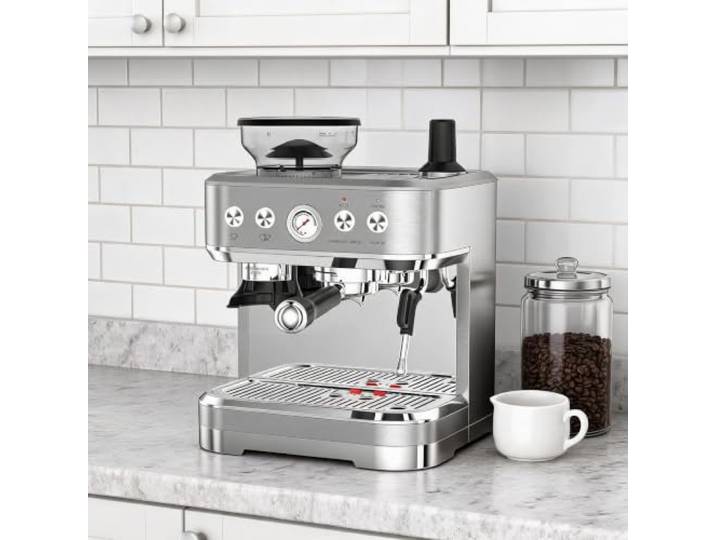 GarveeMore Siebträgermaschine mit Mahlwerk und Milchdüse, Silber 15-Bar-Pumpe und manuelle Espressozubereitung – für Espresso, Cappuccino und Latte wie vom Barista zu Hause.