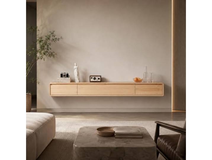 TV Board Hängend Massivholz mit Schubladen, Lowboard Wandmontage Modern Fernsehtisch für Wohnzimmer, Klapptür Verbirgt Kabel, Abgerundete Ecken(Natural,140cm/55in)