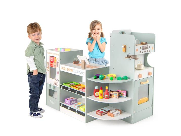 Kruidenierspeelset voor Kinderen Houten Supermarkt met Automaat Kassa Koffiezetapparaat Oven Schappen Speelaccessoires