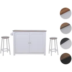Kücheninsel HWC-P61 mit 2 Sitzhockern, Küchenschrank Staufächer MDF 90x120x45cm ~ weiß, dunkles Holz
