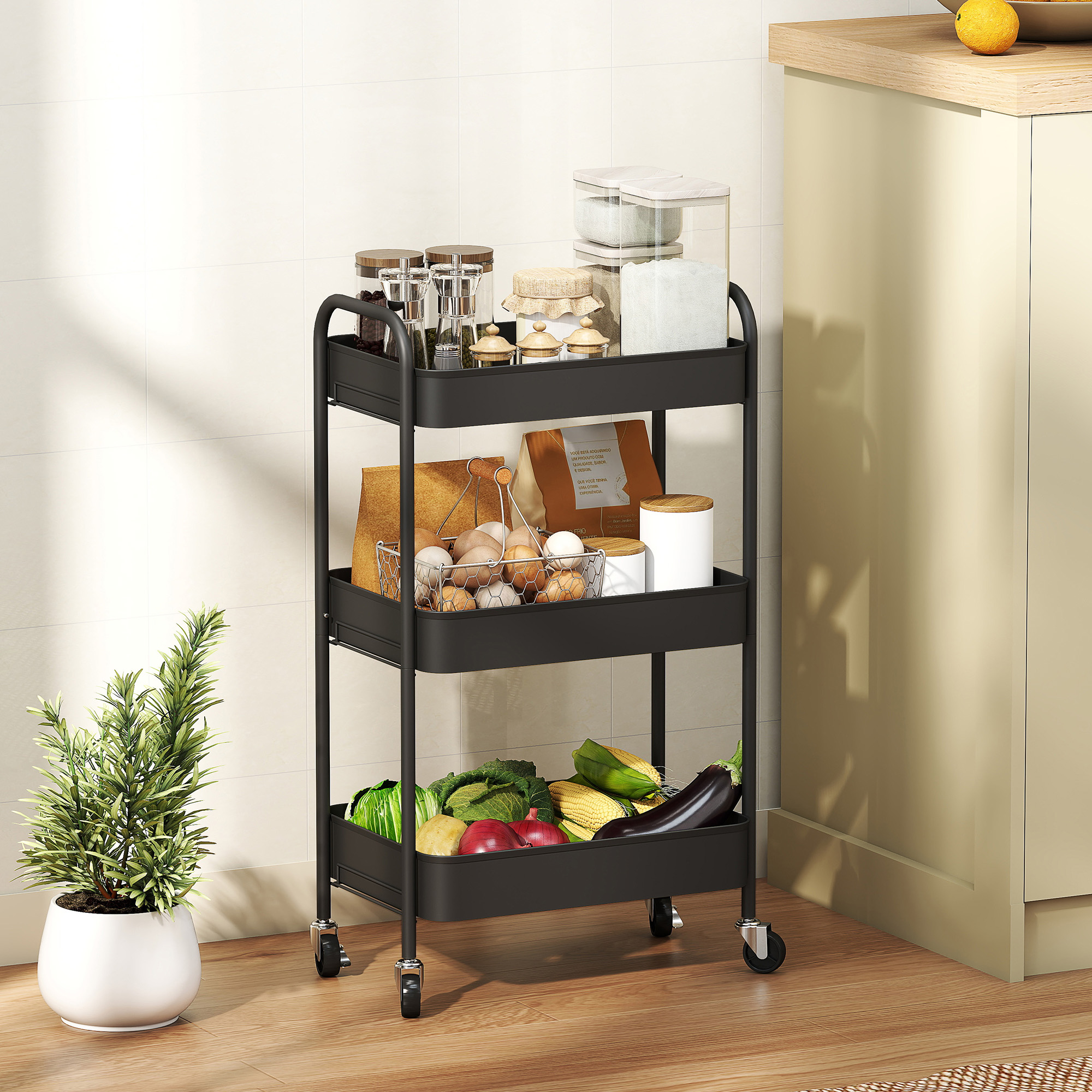 Homcom Carrello multifunzione, carrello su ruote, carrello cucina, 3 ripiani, 4 ruote, 45 cm x 30,6 cm x 79 cm, nero   Aosom Italy