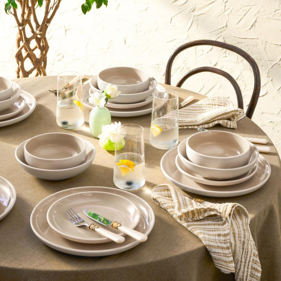 Dripio Servies voor 6 personen, 24 delen, steengoed, crème