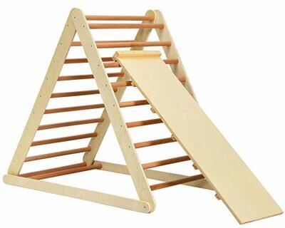 Costway Foldable Wooden Climbing Triangle Indoor with Ladder for Toddler Baby-Natural