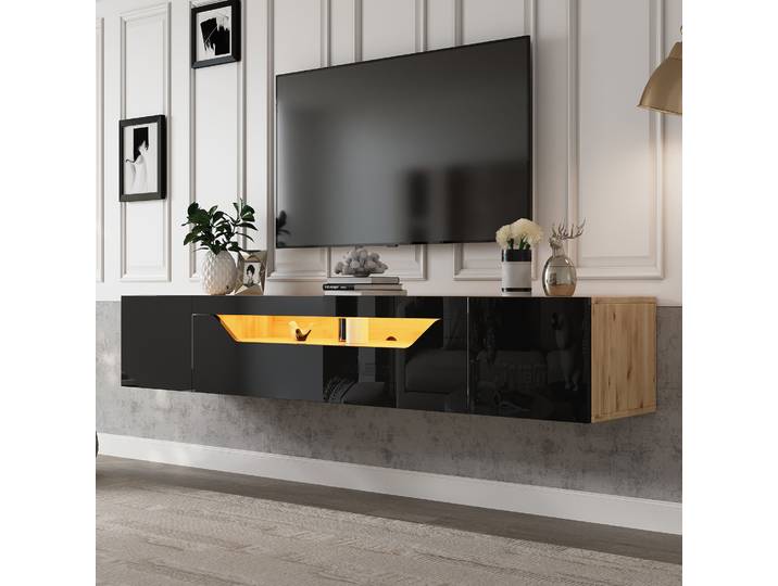 Meuble TV 180*37*36cm avec 3 compartiments de rangement, panneau bas, meuble TV mural flottant, meuble TV haute brillance avec lumière LED
