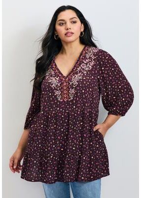 Plus Size Women's Ditsy Embroidered Tunic by Avenue in Berry Ditsy (Size 16)