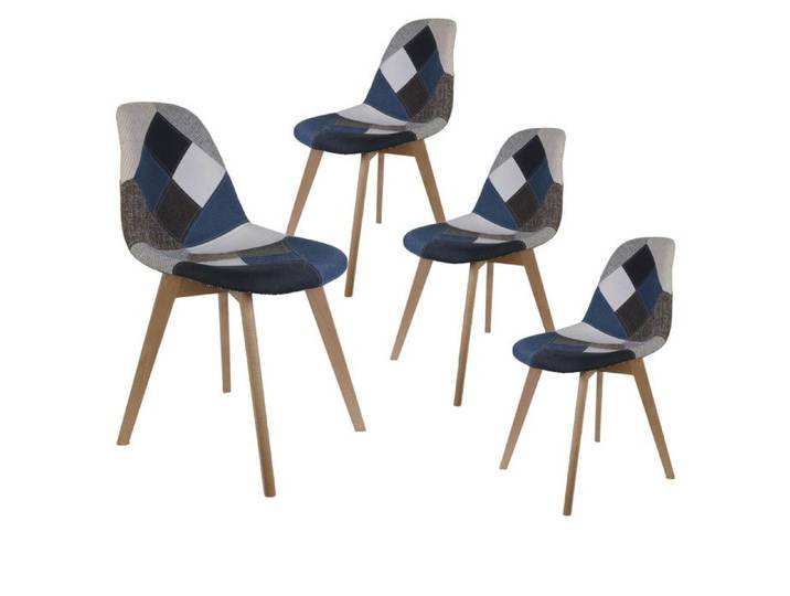 DAMAS - Lot de 4 Chaises Patchwork Bleu et Gris