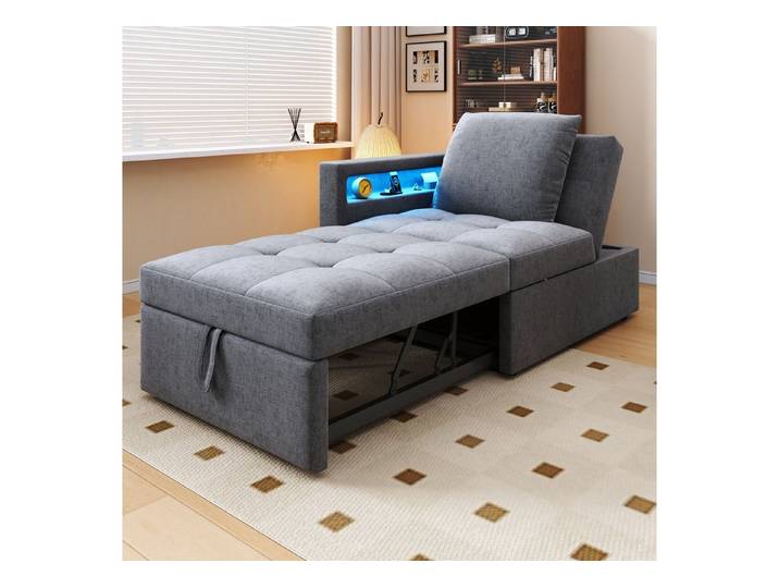 REDOM Sofa Leinenstoff-Schlafsofa 3-in-1, mit flexibler Rückenlehne, LED-Lichtleisten in der Armlehne und USB-/Typ-C-Ports