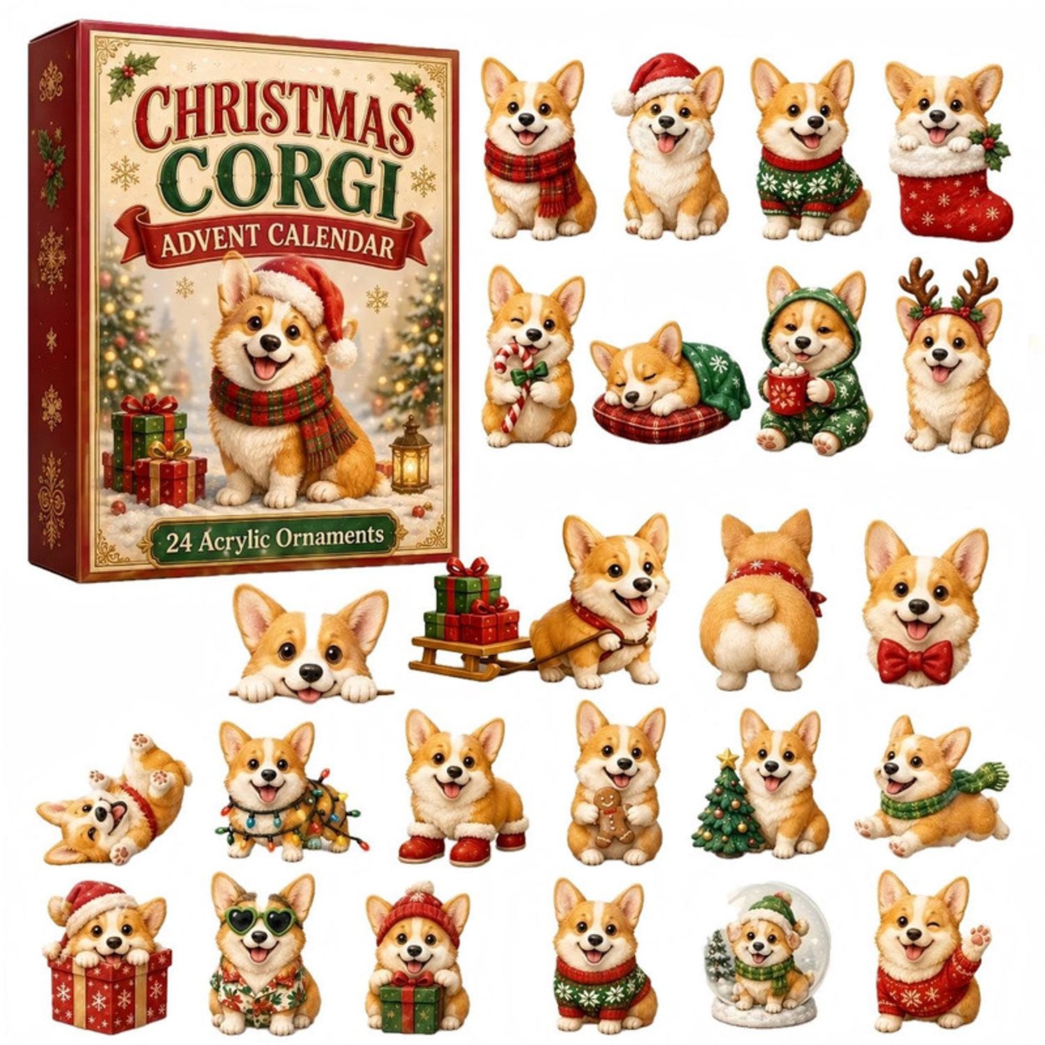 Kerstcountdown-ornament Corgi 2D-ornament met 3D-effect