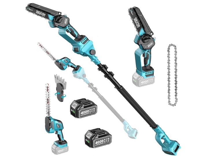 Scie électrique à haute portée Seesii 6-en-1 avec perche télescopique de 2,4 m, taille-haie électrique, outils de jardinage pour l'élagage et le désherbage des arbustes