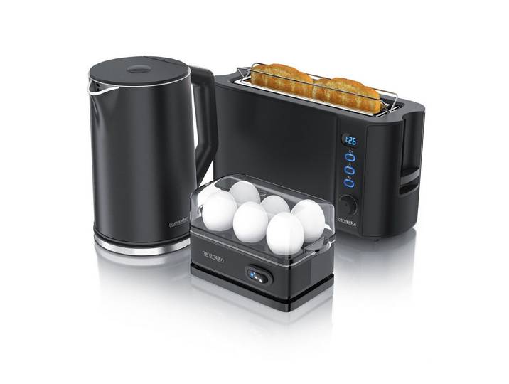 Arendo Frühstücks-Set Wasserkocher 1,5l, 2-Scheiben Toaster, 6er Eierkocher, Schwarz (3-tlg), Edelstahl, BPA-frei, GS-geprüfte Sicherheit, fürs Familienfrühstück