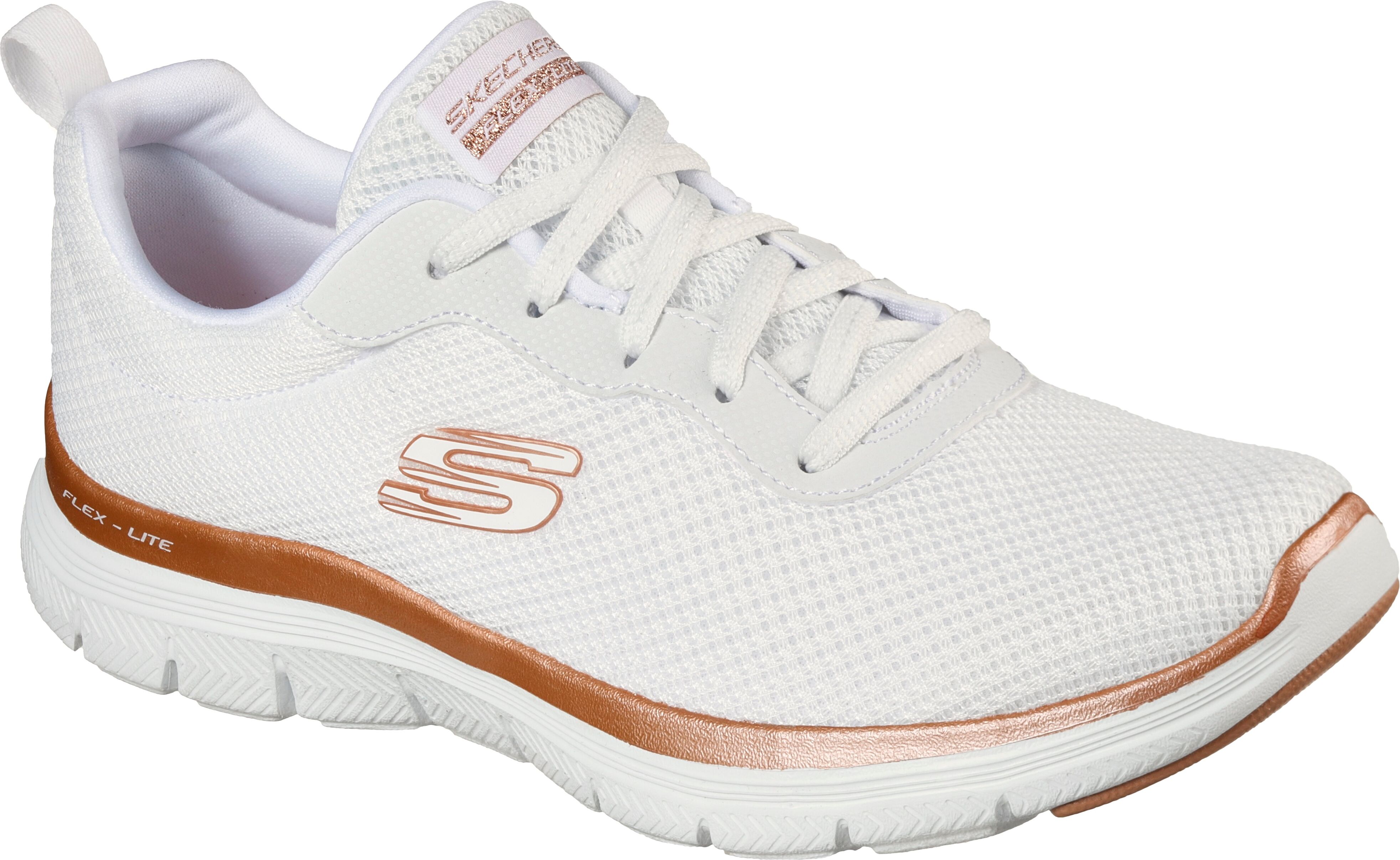 Sneaker SKECHERS "FLEX APPEAL 4.0 BRILLINAT VIEW", Damen, Gr. 40, Textil, rosa (weiß, roségoldfarben), Lederimitat, Textil, Schuhe Sneaker, Freizeitschuh, Halbschuh, Schnürschuh mit Air Cooled Memory Foam