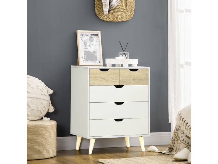 HOMCOM Commode 5 Tiroirs Bois Blanc 60x40x77,5cm