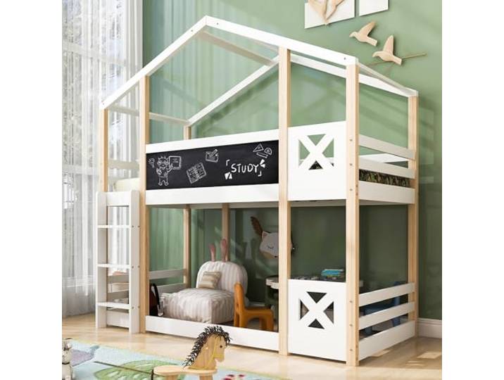 Merax Hochbett für Kinder, Kinderbett Etagenbett 90x200 cm, Hausbett mit Rausfallschutz, Baumhaus mit Lattenrost und Leiter, Spielbett mit Zwei Liegeflächen und Graffiti-Tafel, Natur & Weiß