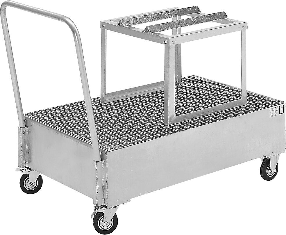 Fahrbare Auffangwanne aus Stahlblech, liegende Fässer, LxB 1200 x 800 mm, 1 x 200-l-Fass, feuerverzinkt eurokraft basic