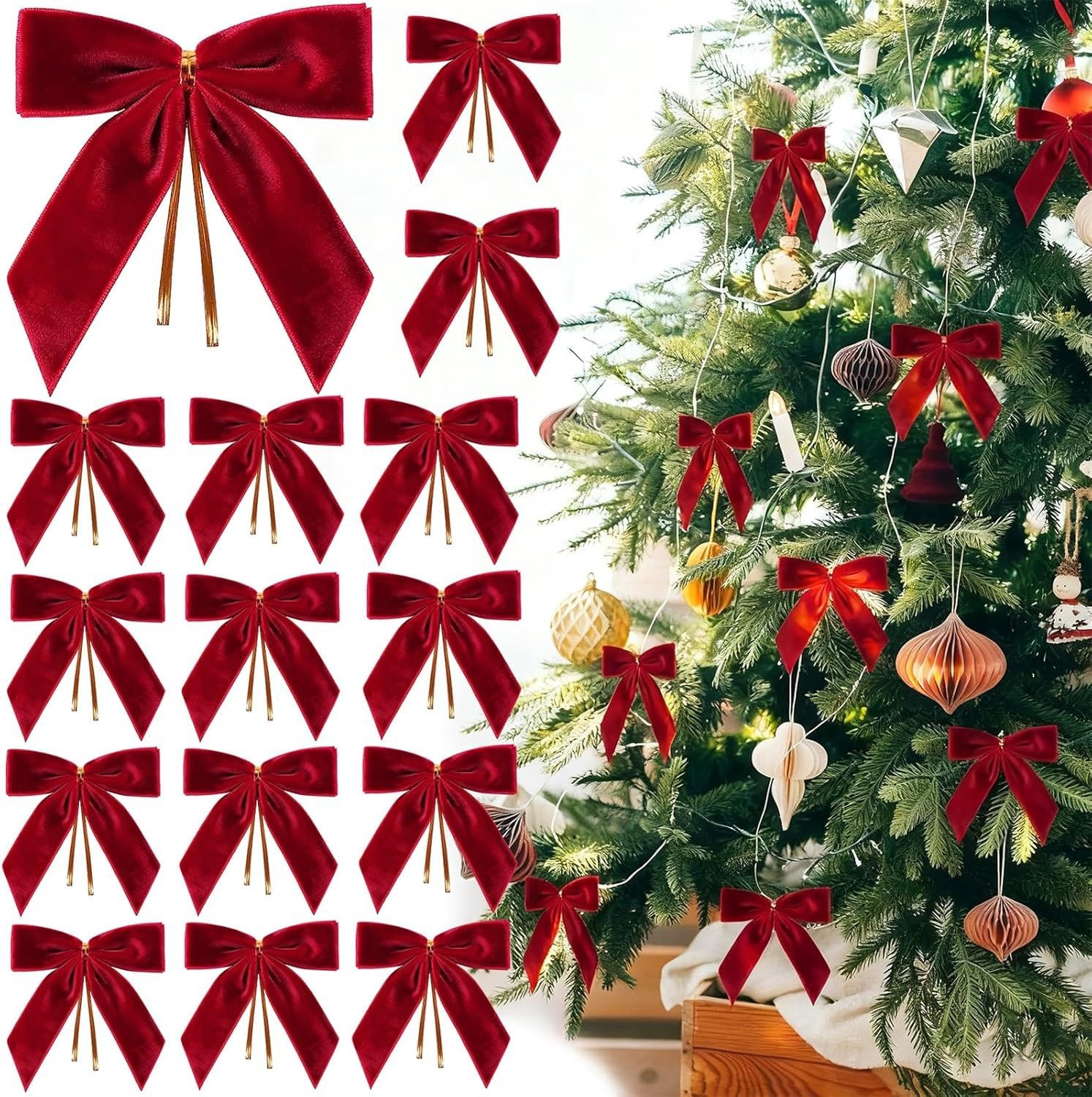 24 Stuks Rood Fluweel Kerst Strikken voor Kerstboom Decoratie, 9 cm