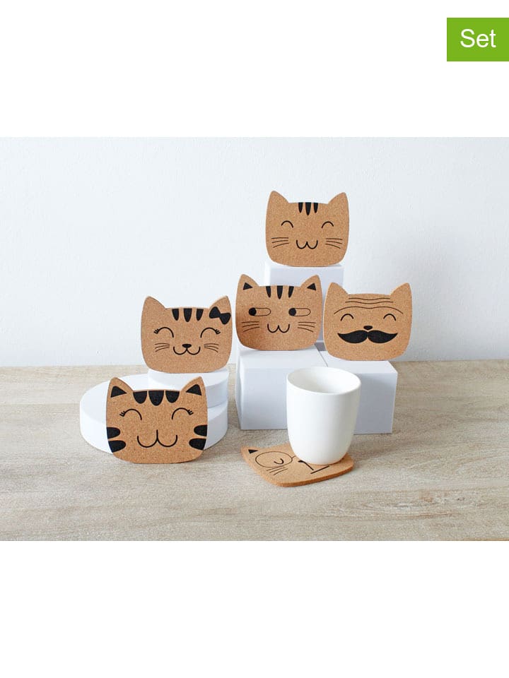 Winkee 6er-Set: Untersetzer ''Cat Family'' in Hellbraun - (L)10,5 x (B)12 cm - onesize